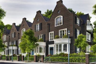 Row of newly built townhomes with modern design and clean landscaping
