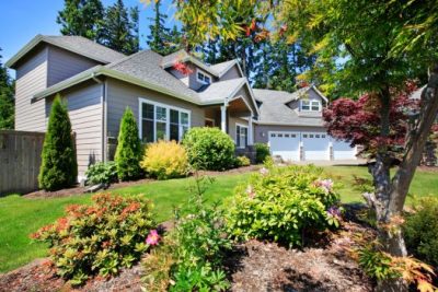 Modern suburban home with landscaped garden in summer season