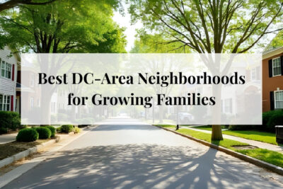 Young couple walking through a family-friendly DC-area neighborhood while preparing for their first child.