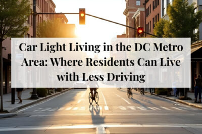 Resident walking or biking near homes and transit, illustrating car-light living in the DC Metro Area.