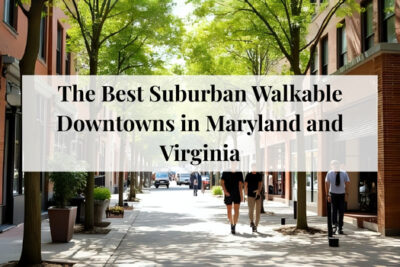 Walkable suburban downtown street in Maryland or Virginia with shops and pedestrians.