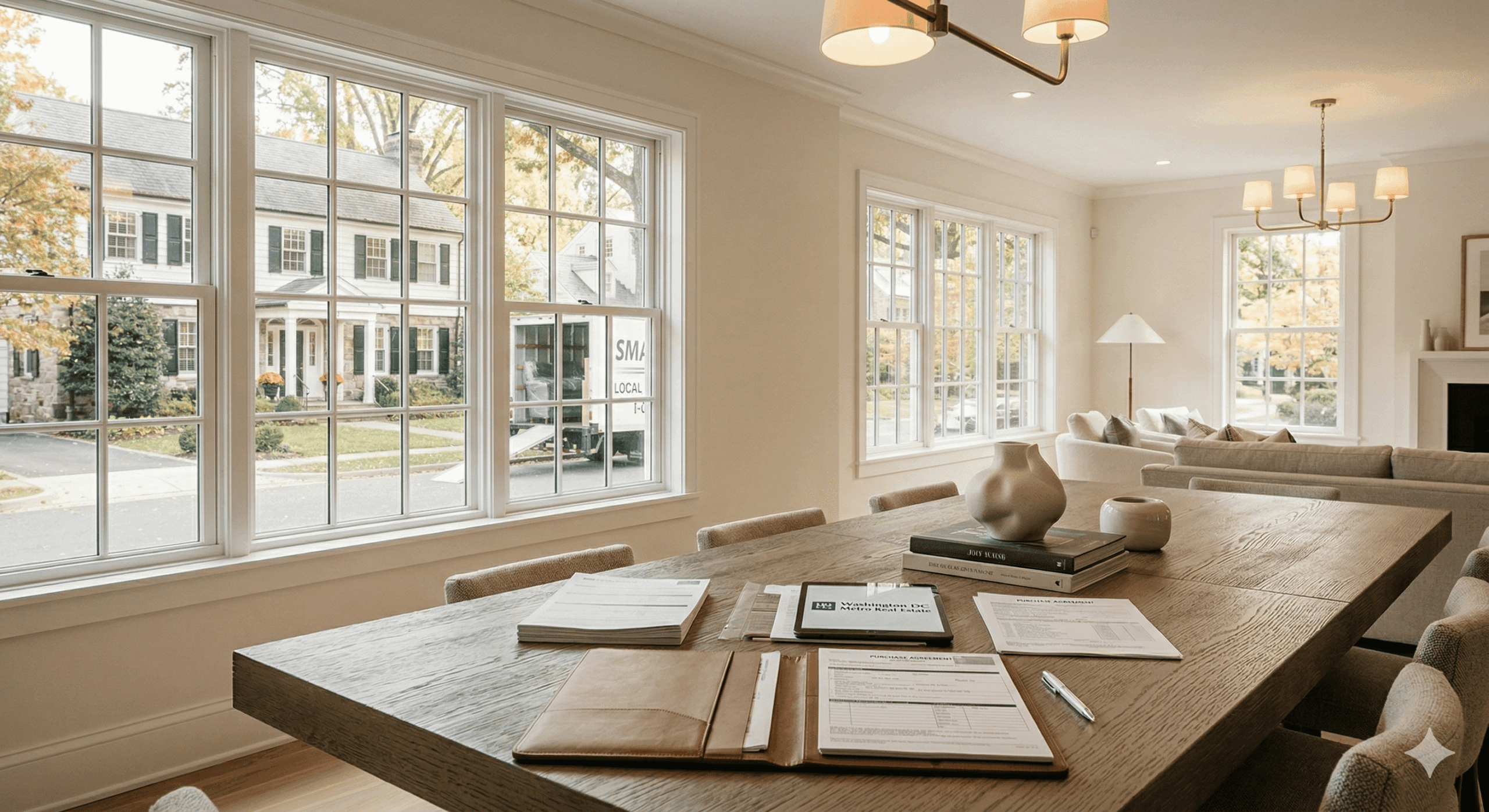 Real estate advisor helping relocation buyer review home purchase details in Bethesda