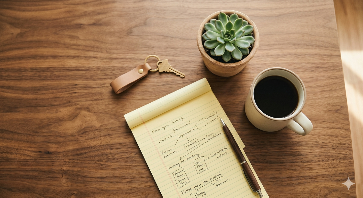 House key and notepad on a table representing divorce real estate planning in Washington DC, Maryland, and Virginia with Matt Cheney Compass