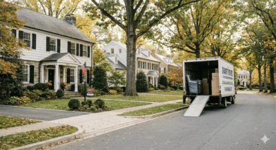 Couple relocating to Bethesda Maryland touring a home with moving truck nearby