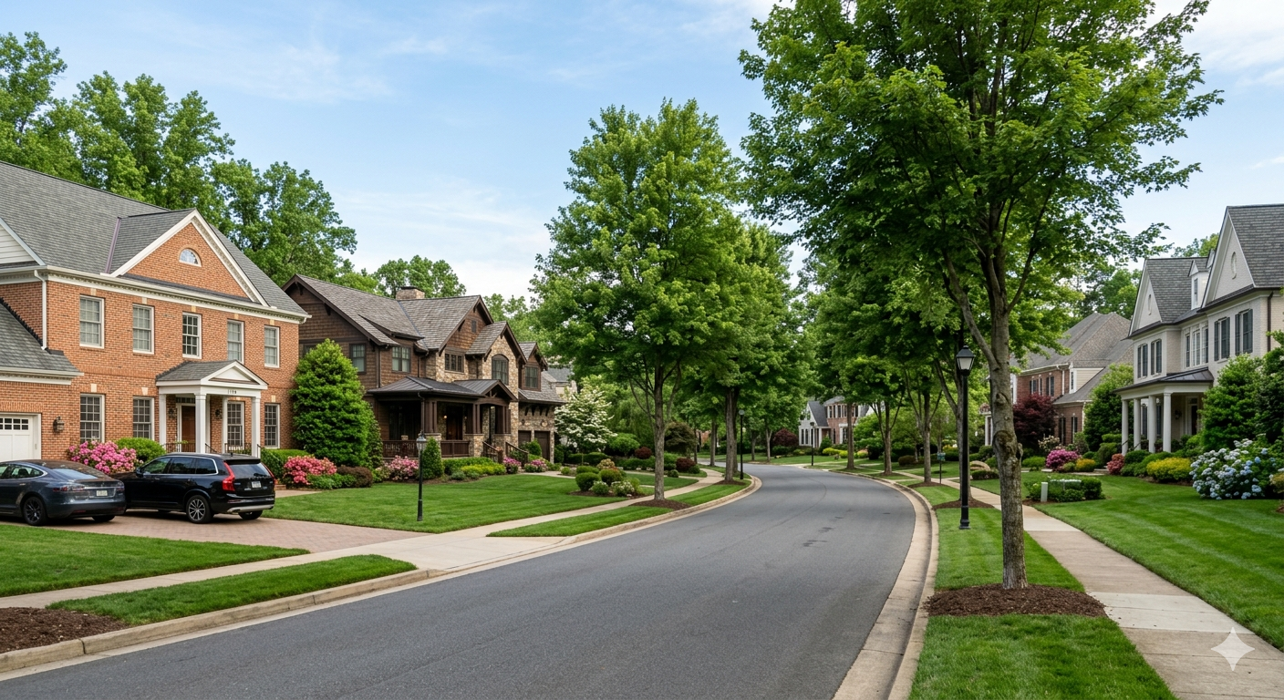 Tree-lined residential street in Northern Virginia showcasing upscale homes in McLean and Great Falls for move-up buyers