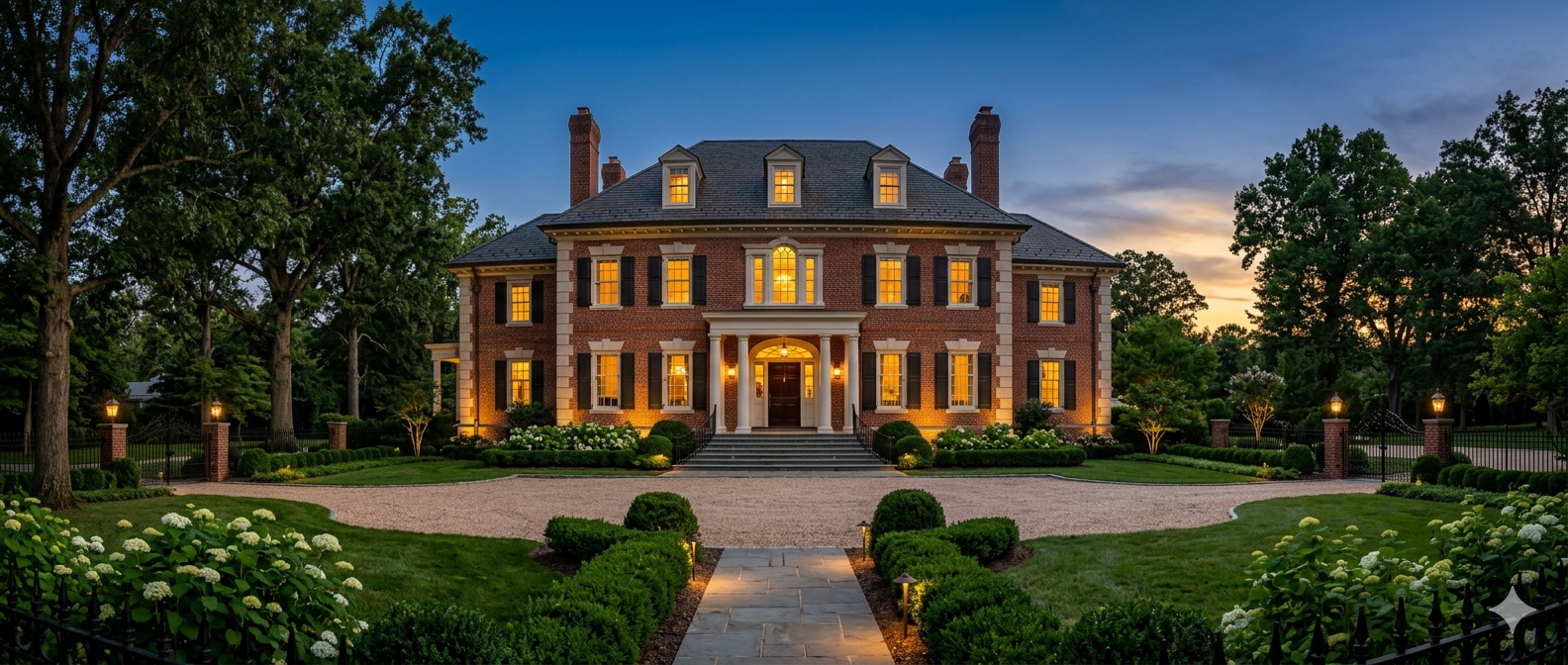 Elegant luxury home exterior at dusk in the Washington DC metro area representing Compass luxury real estate sales in DC, Maryland, and Virginia