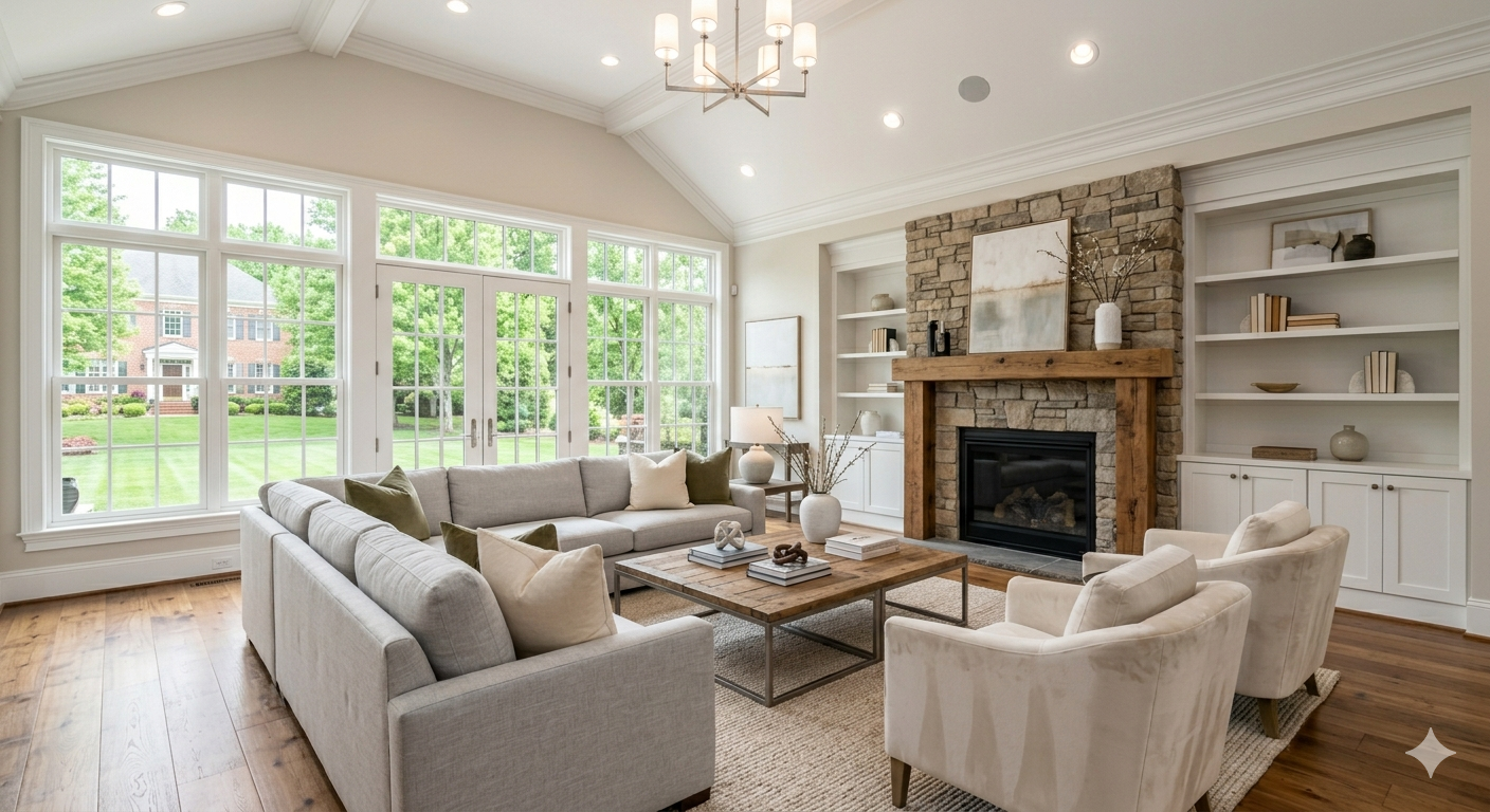 Spacious open-concept living room in a move-up home in McLean Northern Virginia with hardwood floors and natural light