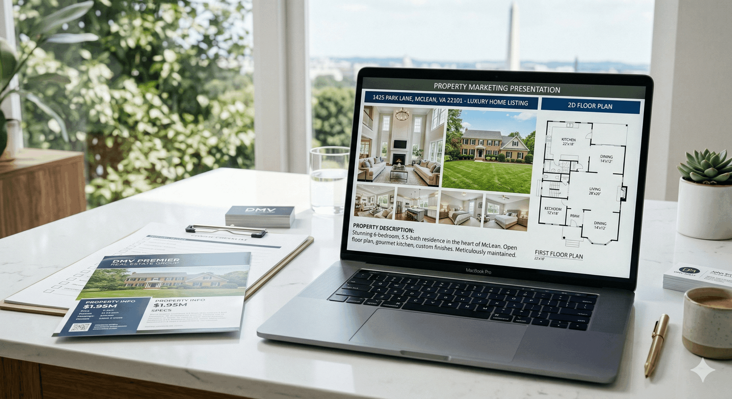 Real estate listing photos and floor plans being reviewed on a laptop