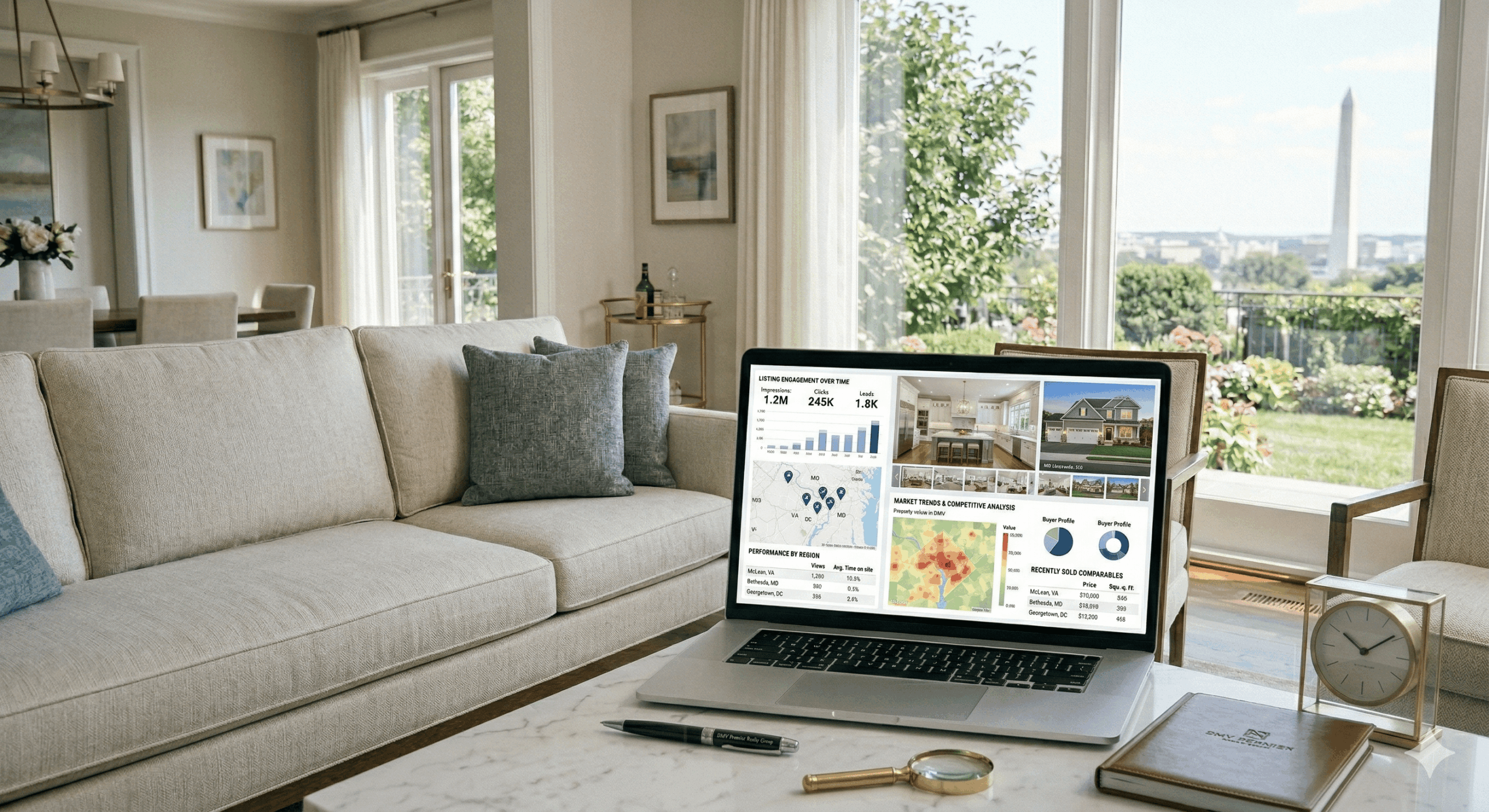 Laptop displaying real estate listing data and marketing performance