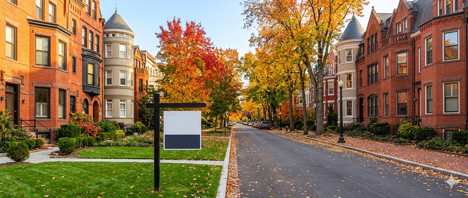 Tree-lined Washington DC neighborhood street with brick rowhouses and a For Sale yard sign representing the best platforms to list a home for sale in the DC metro area