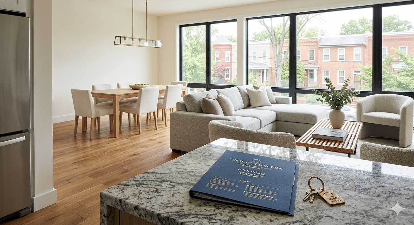 Bright modern Washington DC home interior with listing documents and house keys on a kitchen island, representing the home selling process in the DC metro area