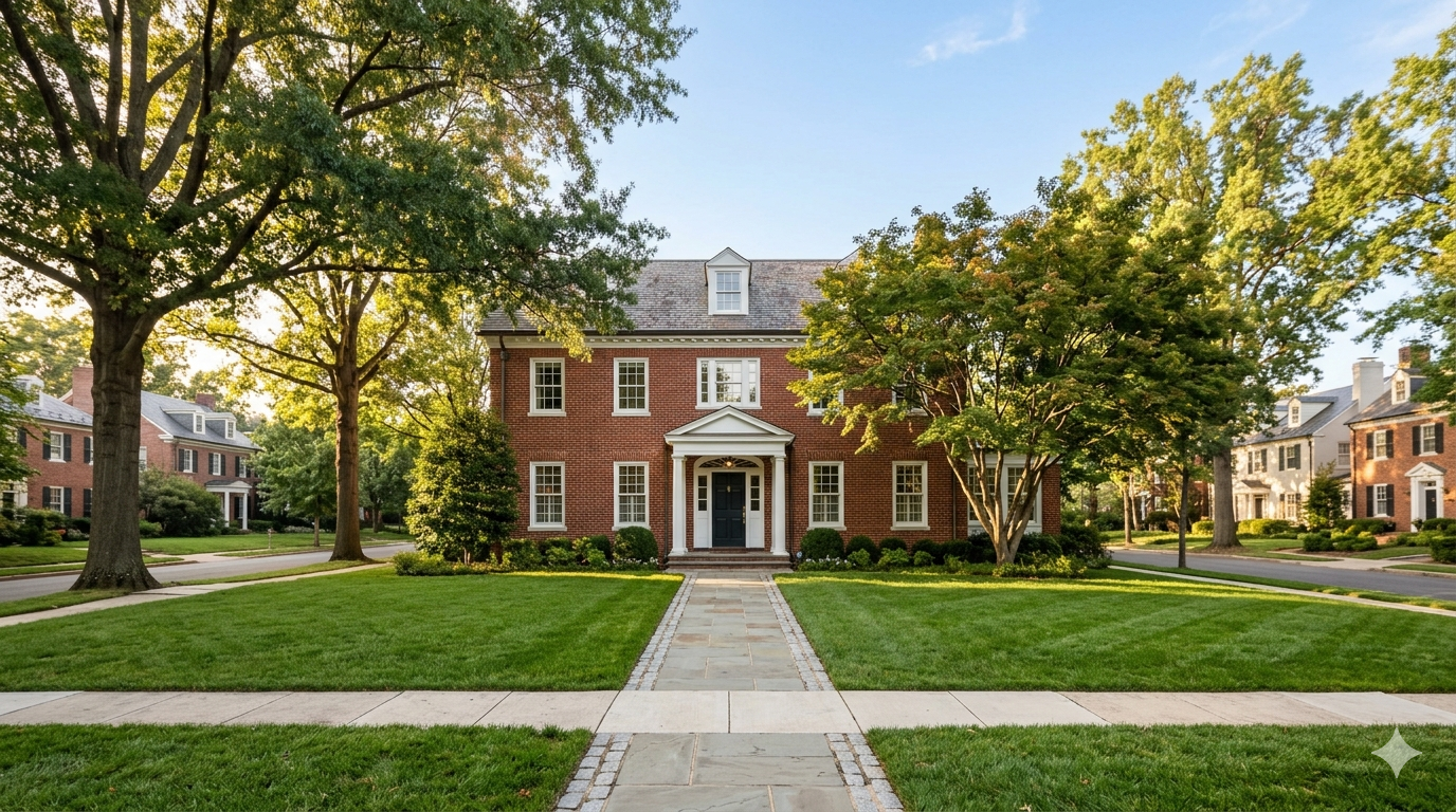  Exterior of a red brick colonial home on a tree-lined street in Washington DC representing the pre-listing appraisal process for sellers in the DC metro area.
