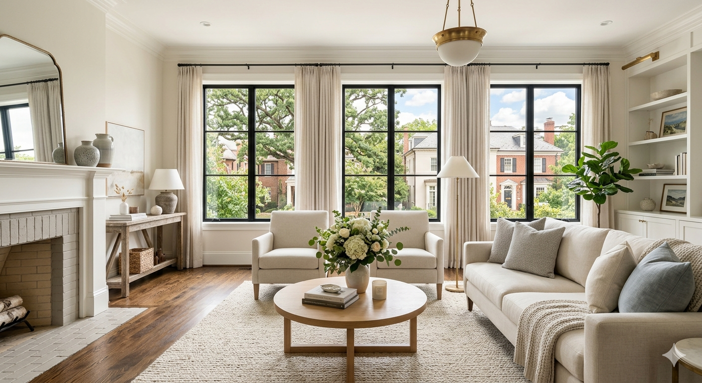 Staged living room in a Washington DC area home prepared for sale by a top DC real estate advisor
