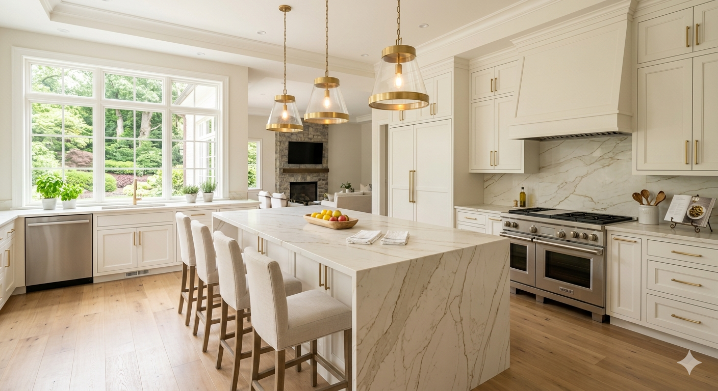 Professionally staged luxury kitchen with custom floor to ceiling cabinetry, quartz countertops, and pendant lighting in a McLean Virginia home prepared for sale in the DC metro area