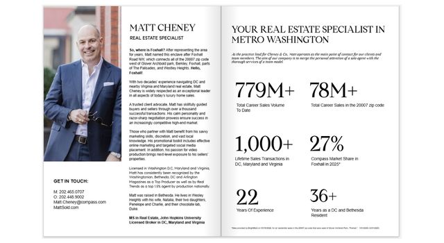 Compass Real Estate performance portfolio showing Matt Cheney's 22-year track record and $779 million career sales volume as a top agent in Washington DC, Maryland, and Virginia