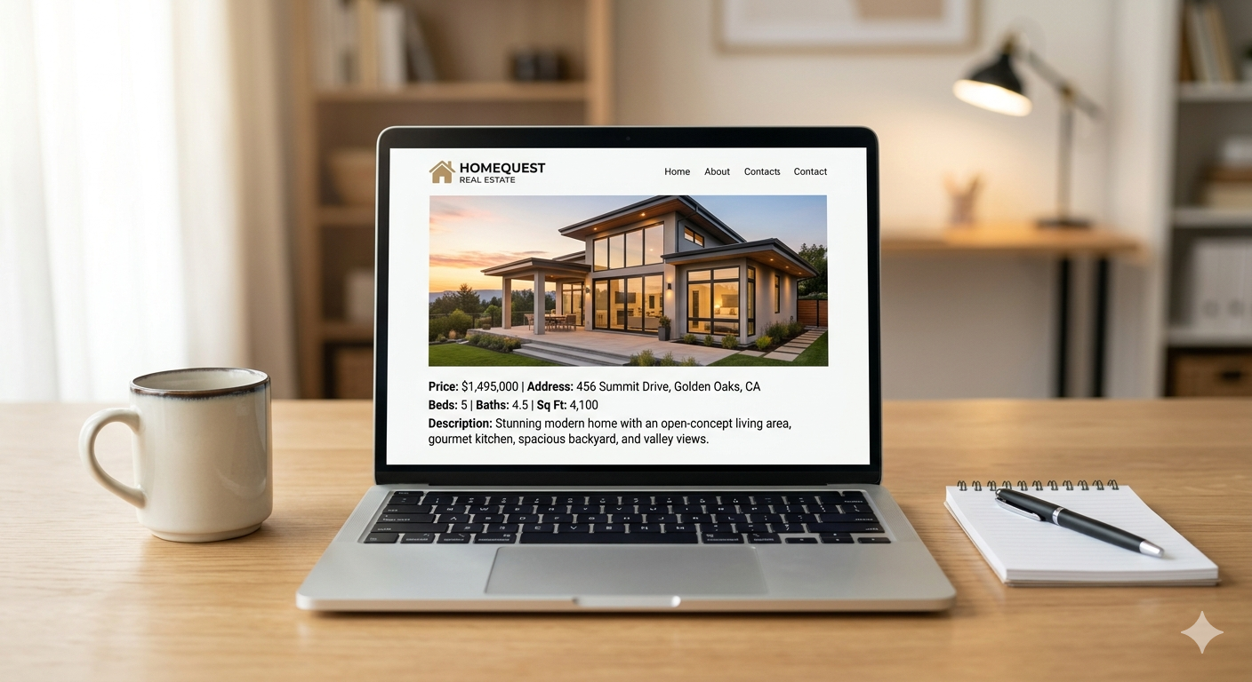 Laptop on a desk showing a real estate listing website with a notepad and coffee mug, representing online home listing platforms for sellers in Washington DC, Maryland, and Virginia