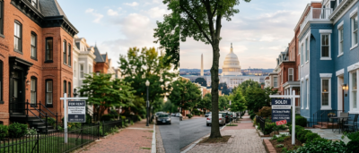Washington DC row houses with for rent and sold signs representing the renting vs buying decision in the DC metro area