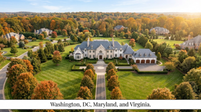 Aerial view of a grand luxury estate home in McLean Virginia with a tree lined private driveway, manicured lawn, and traditional colonial architecture in the Washington DC metro area