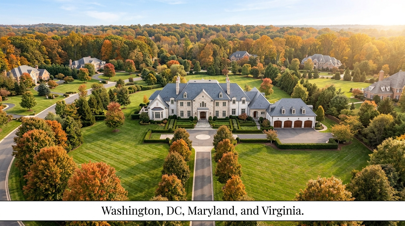 Aerial view of a grand luxury estate home in McLean Virginia with a tree lined private driveway, manicured lawn, and traditional colonial architecture in the Washington DC metro area