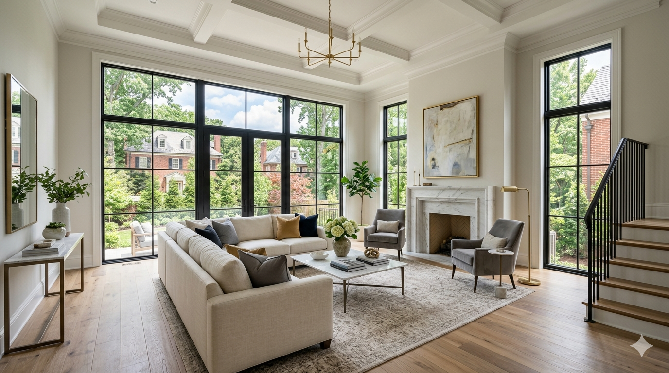 Elegant high-end living room representing luxury home sales in Washington DC, Maryland, and Virginia
