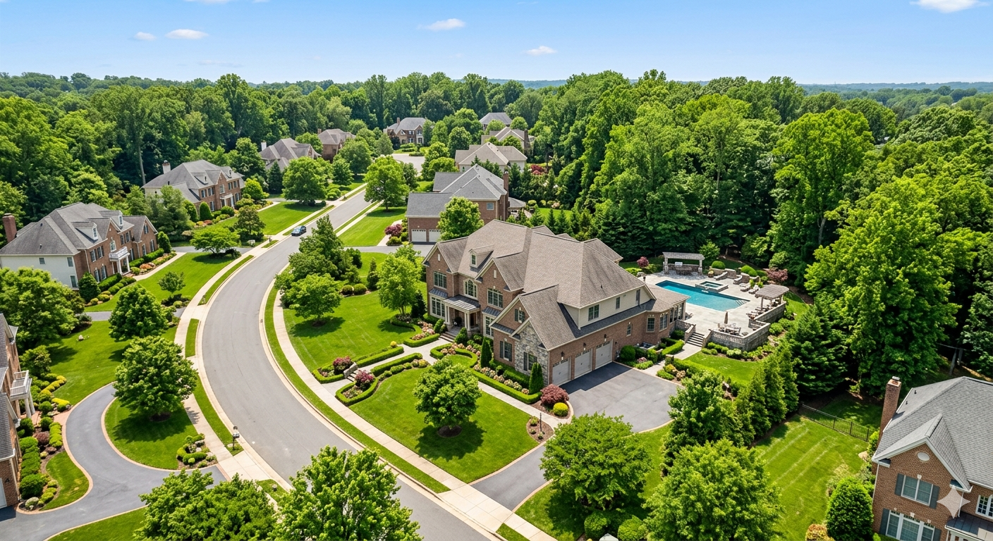 Aerial view of an elegant luxury home in the DC Maryland Virginia metro area representing high-end real estate strategy