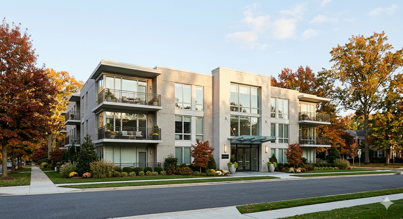 Modern condominium building exterior in Maryland suburb near Washington DC surrounded by manicured landscaping