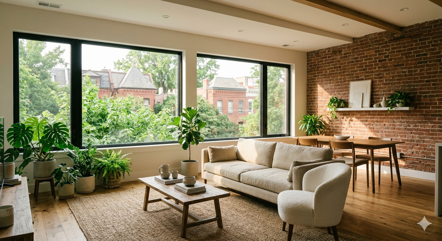  Renovated interior of an Adams Morgan DC rowhouse or condo with exposed brick and natural light in 2026
