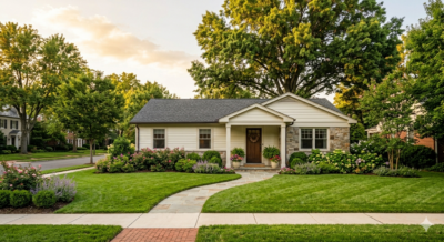 Well-maintained single-story home with mature landscaping and golden afternoon light in a DC-area suburb, representing the aging in place versus downsizing decision for homeowners over 60
