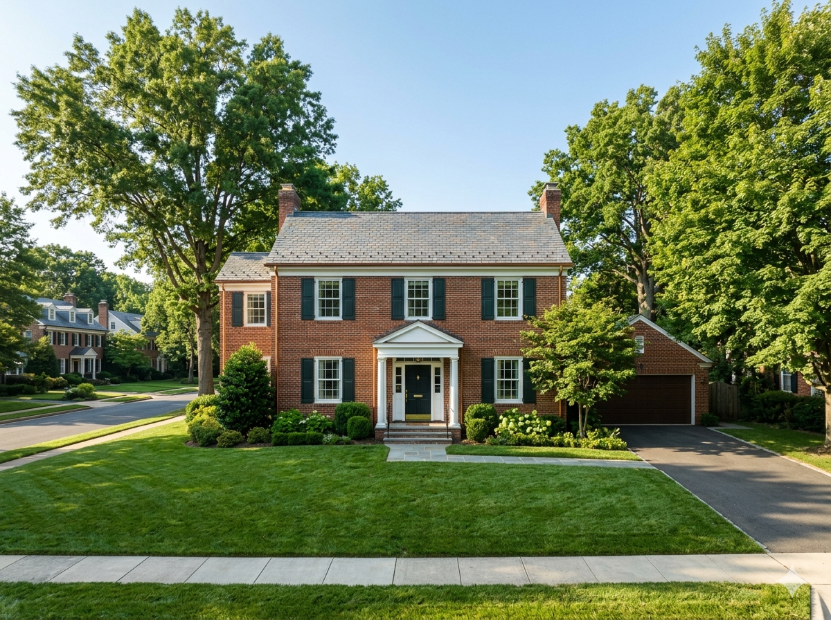 Well-maintained brick single-family home with manicured lawn and shade trees in Arlington, Virginia