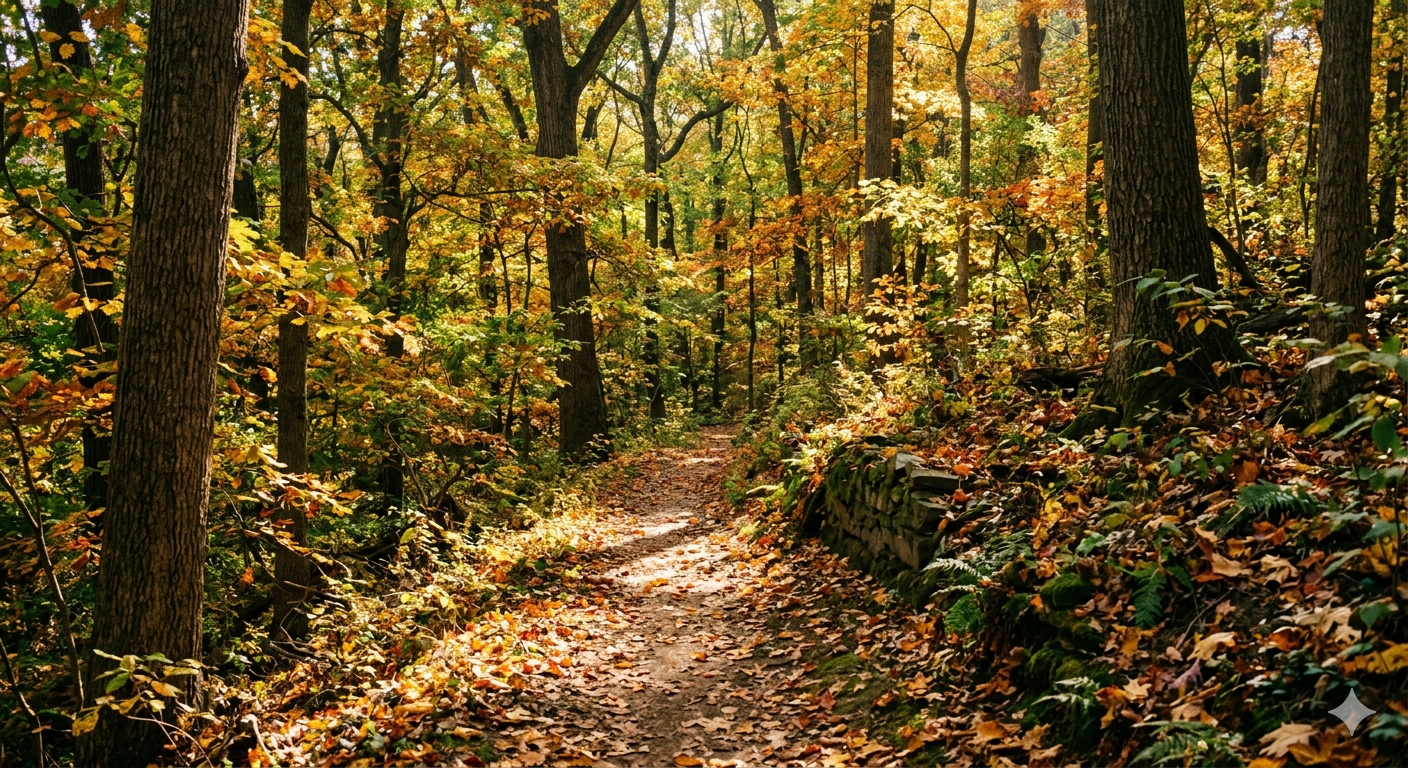 Wooded trail through Battery Kemble Park near Foxhall Washington DC in autumn with golden light and fallen leaves