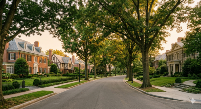 Tree-lined residential street in Berkley DC with stately homes and mature oak trees