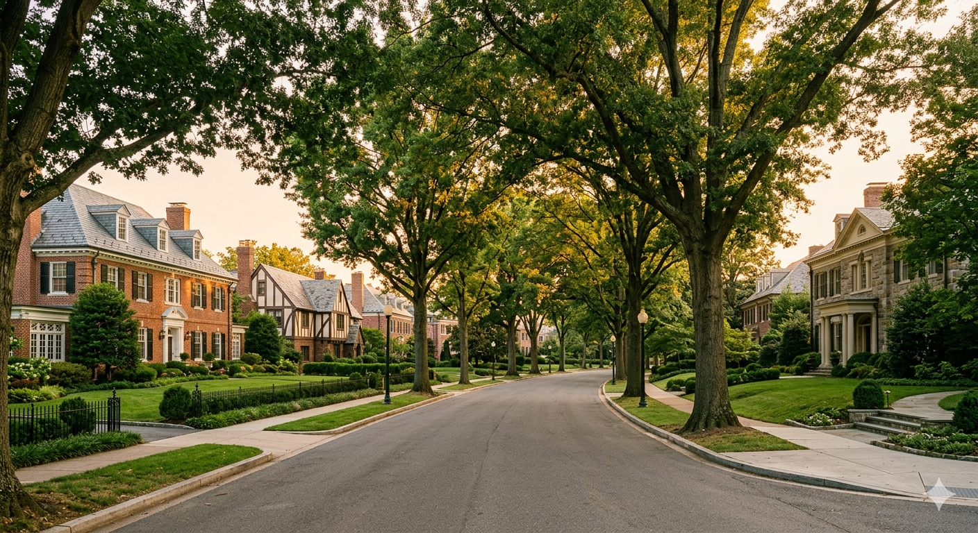 Tree-lined residential street in Berkley DC with stately homes and mature oak trees