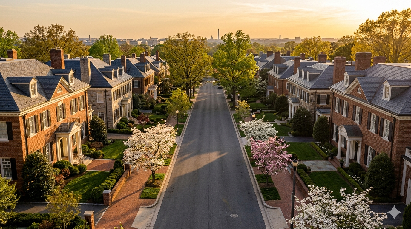 Aerial view of elegant tree-lined luxury residential street in Washington DC with grand Federal-style homes and manicured landscaping
