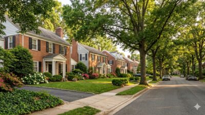 Tree-lined street with Colonial and Federal homes in Bethesda Maryland near Washington DC