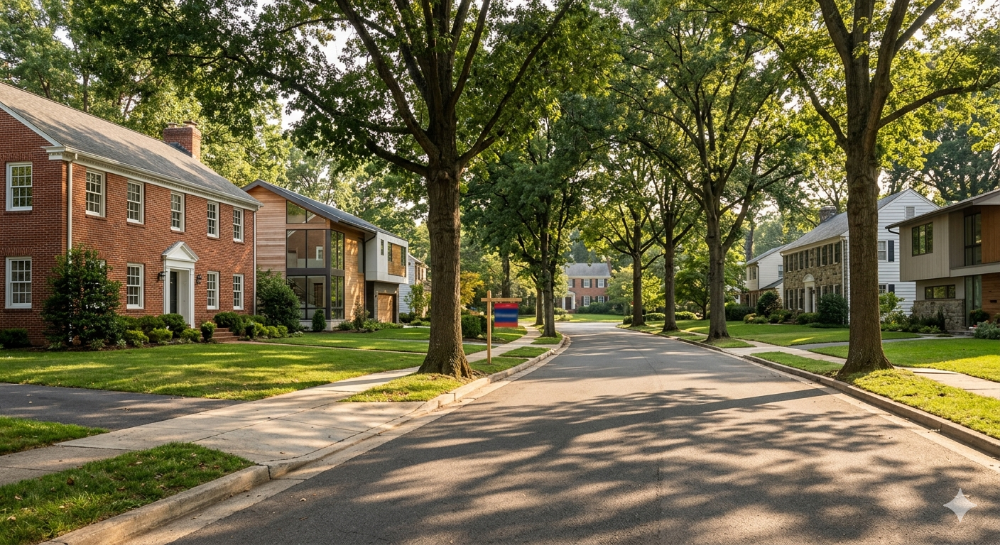 Tree-lined residential street in Bethesda Maryland with Colonial homes in afternoon light