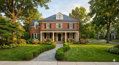 Luxury brick Colonial home exterior in Bethesda Maryland with manicured hedges and mature trees representing the listing approach of top real estate advisor Matt Cheney with Compass Real Estate