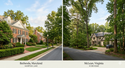 Upscale residential homes in Bethesda Maryland and McLean Virginia representing the two top destinations for move-up buyers in the Washington DC metro area in 2026