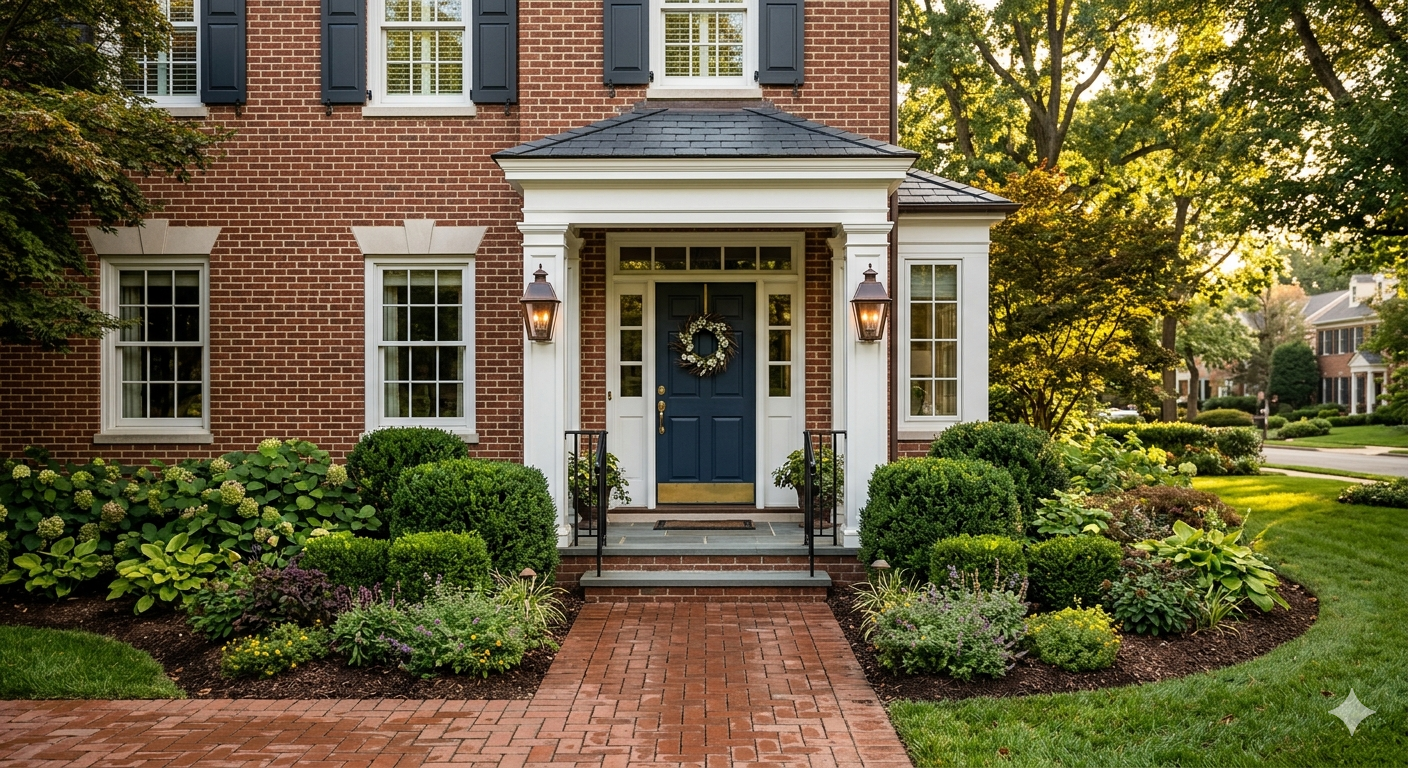 Elegant front entrance of a classic brick home in a desirable DC metro neighborhood representing competitive offer strategy for buyers in Washington DC Maryland and Virginia