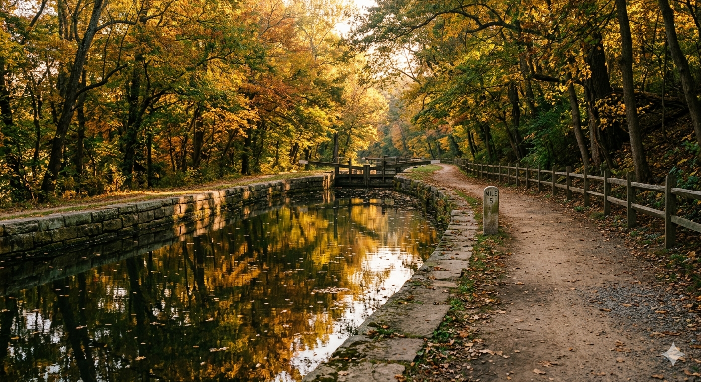 C&O Canal towpath near the Palisades neighborhood in Washington DC with calm water, tree canopy, and golden afternoon light