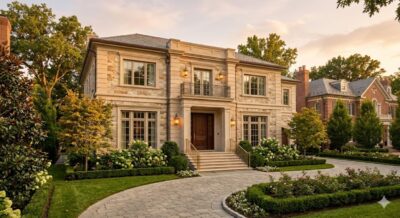 Stately luxury home exterior in an upscale Washington DC neighborhood representing high-value cash buyer real estate market