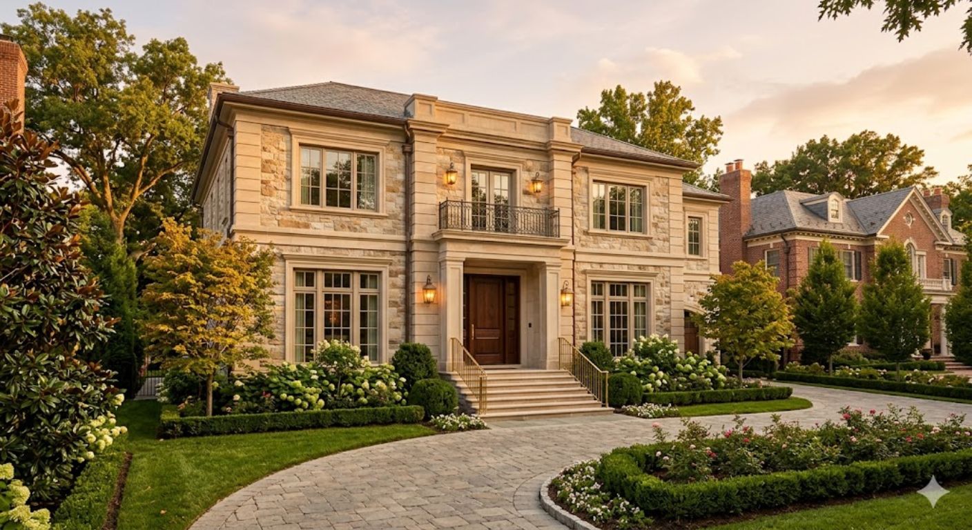 Stately luxury home exterior in an upscale Washington DC neighborhood representing high-value cash buyer real estate market