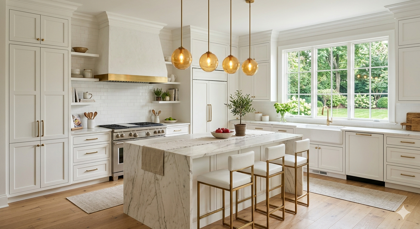 Chef's kitchen with Calacatta marble island, custom white cabinetry, and professional range inside a luxury home in Bethesda Maryland