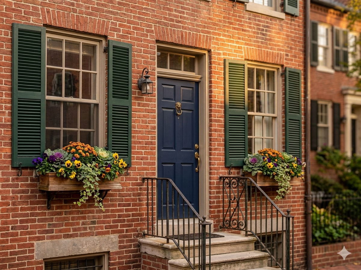 lassic brick townhouse facade with shutters, window boxes, and iron railing in Washington DC