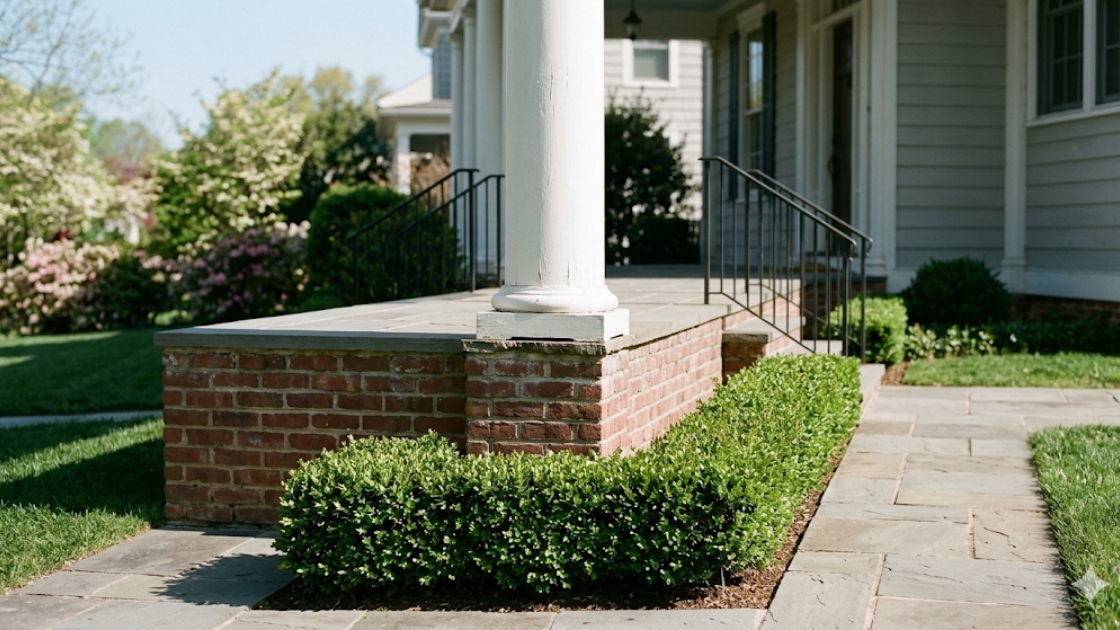 Front porch detail of a classic brick residential home in Chevy Chase Washington DC