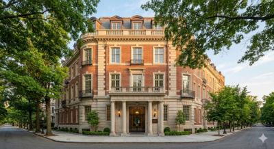 Elegant classic Washington DC apartment building exterior with period architecture and tall windows representing DC co-op buildings