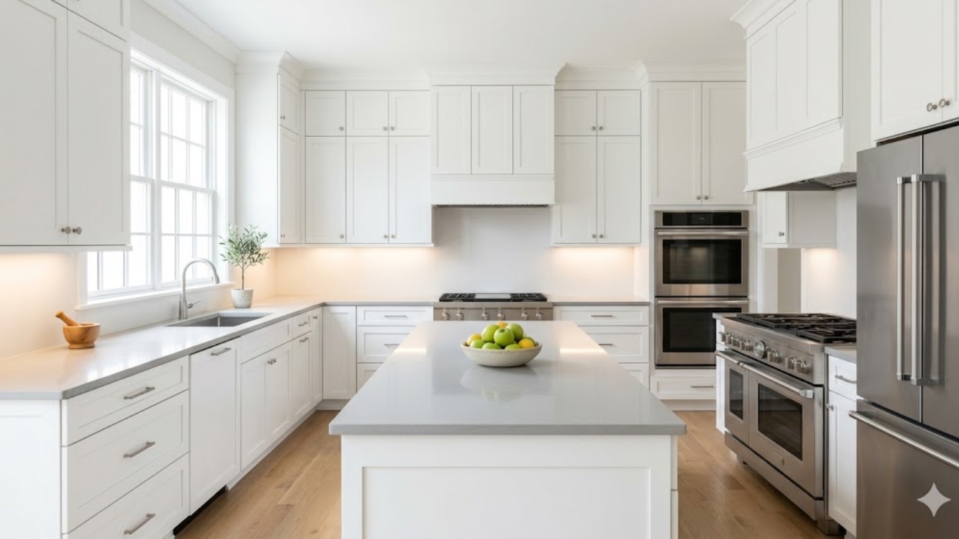 Bright clean staged kitchen with clear countertops in a DC Maryland home for sale