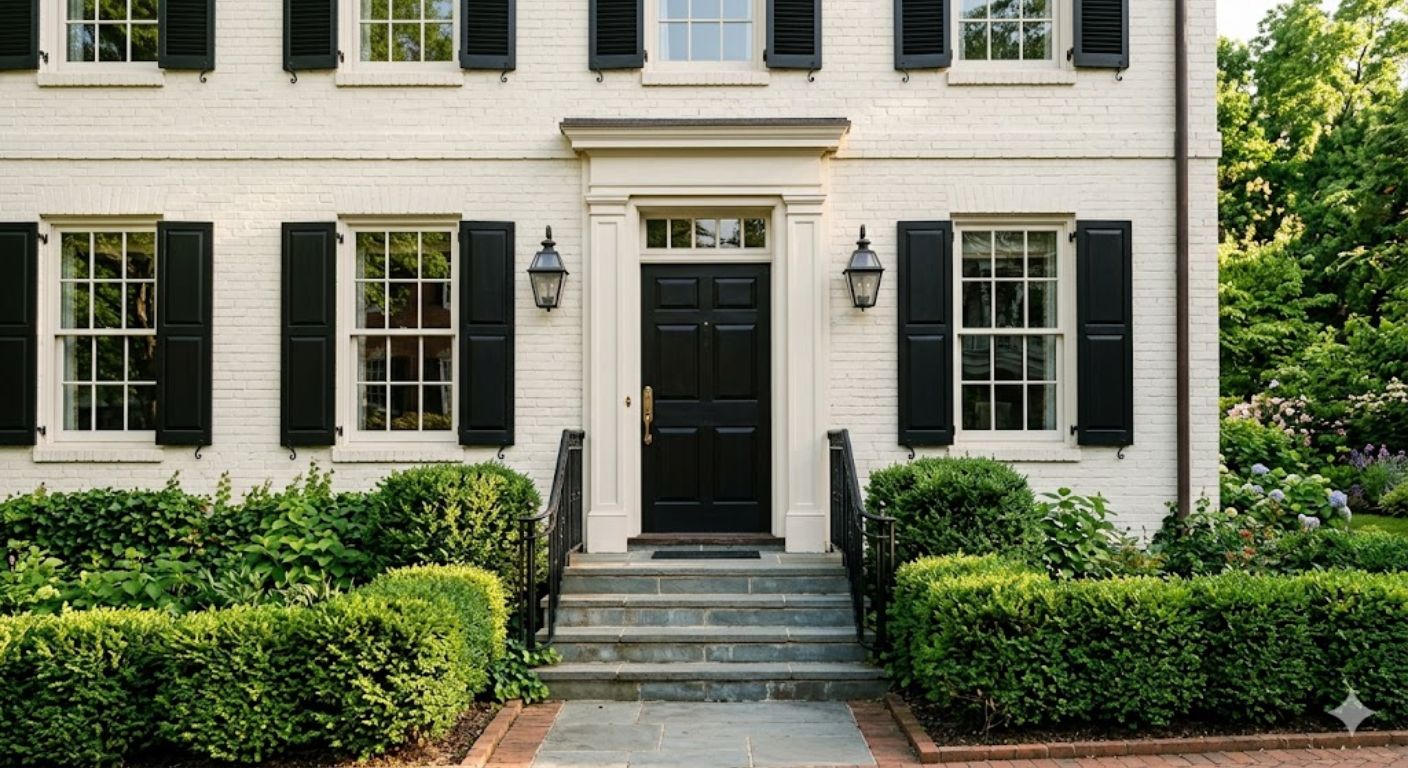 Colonial Revival home entrance with brick facade and boxwood landscaping in Northwest Washington DC