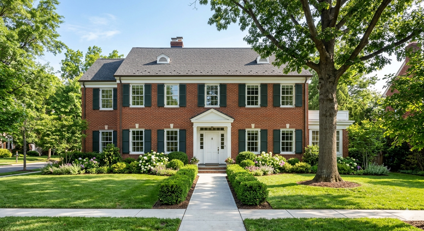 Well-maintained Colonial brick home on a Northwest Washington DC street in morning light