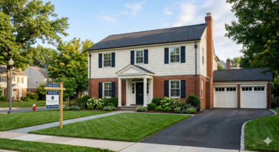 Colonial-style home listed for sale in Washington DC metro area neighborhood in morning light