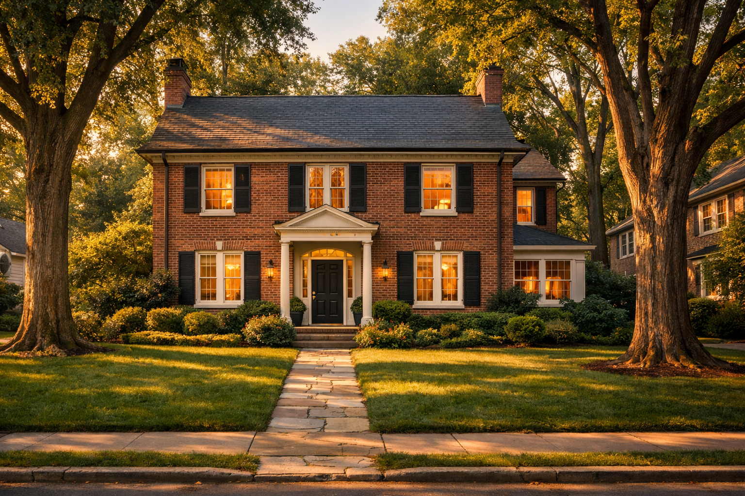 Tree-lined street with a brick colonial home in a Bethesda Maryland neighborhood at golden hour representing home sale decisions during divorce